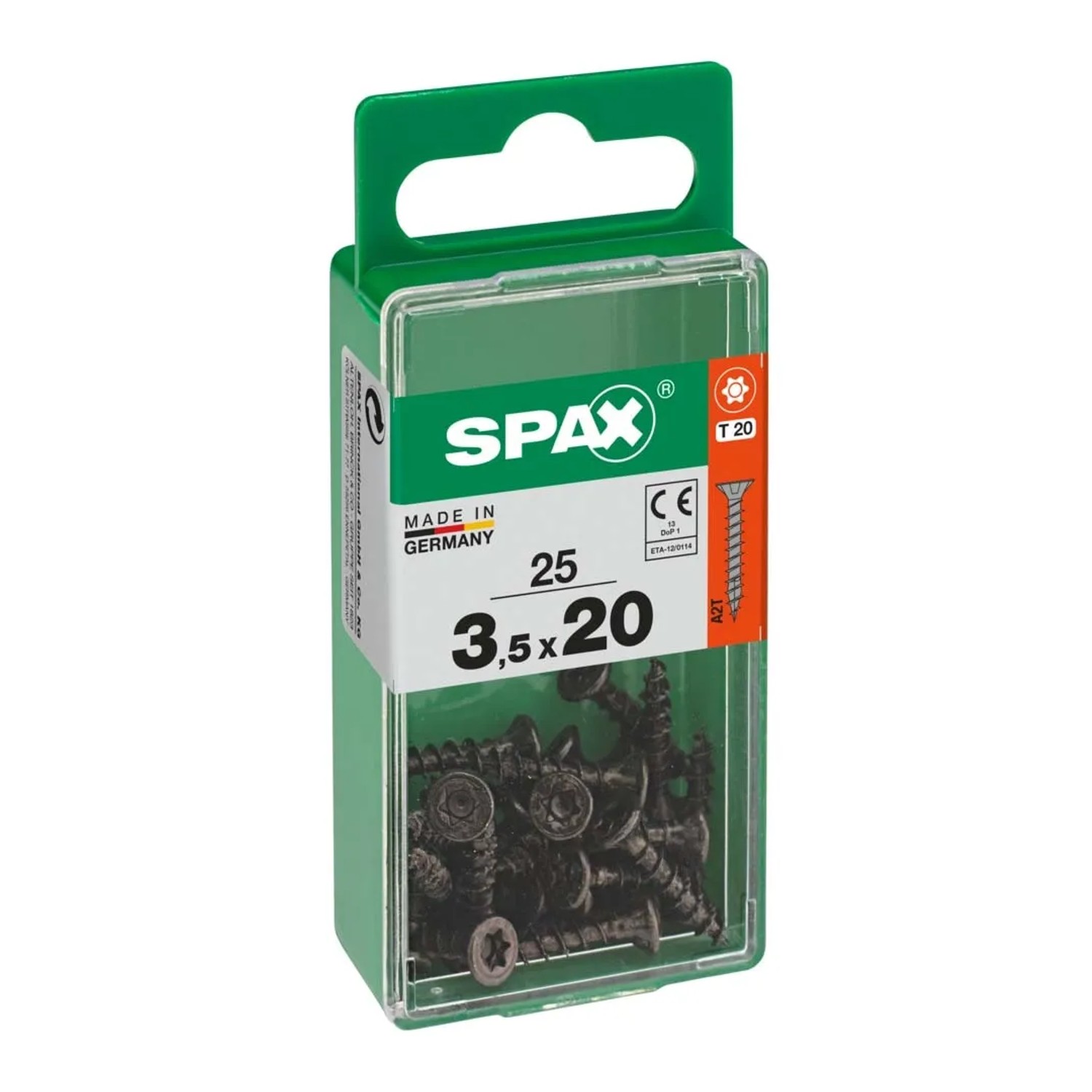 Viti universali Spax, zincate, 3,5x20 mm, nere, 25 pezzi in contenitore di plastica verde.