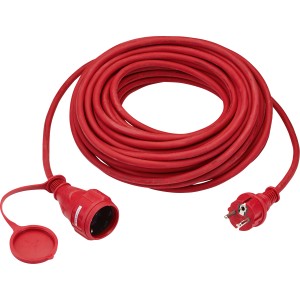 Prolunga rossa da 20 m H05RR-F 3G1,5 con spina e presa di sicurezza per uso interno ed esterno.