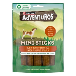 Purina Adventuros Mini Sticks Bufalo, snack per cani di piccola taglia in confezione verde.