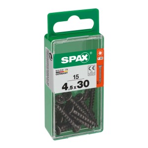 Viti universali Spax, 4,5x30 mm, zincate, nere, 15 pezzi in contenitore di plastica verde.