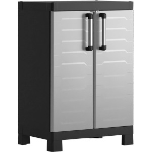 Armadio basso in plastica Keter Detroit, grigio chiaro con maniglie in alluminio. Mobile scaffale per interni.