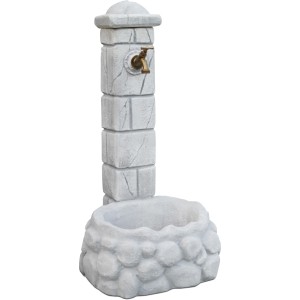 Colonna fontana da giardino grigia con rubinetto per uso esterno.