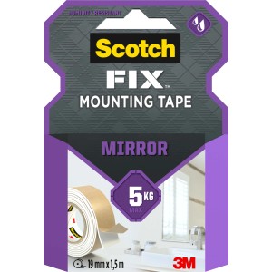 Nastro biadesivo Scotch-Fix per specchi, 19mm x 1,5m, portata fino a 5kg, resistente all'umidità.