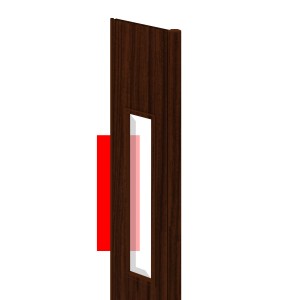 Porta a soffietto t.b.t. effetto legno con maniglia rossa.