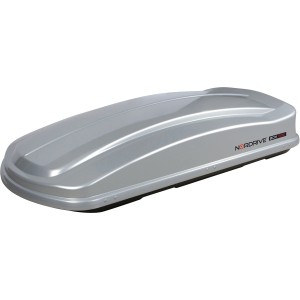 Box da tetto argentato per trasporto auto, marca Nordrive.