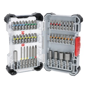 Set di inserti Bosch Extra Hard, 43 pezzi in custodia aperta con inserti per cacciavite e bussole colorati.