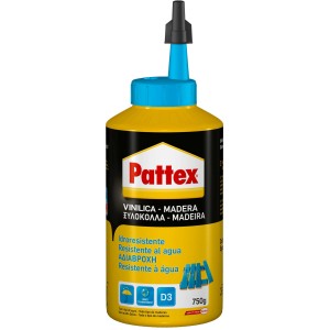 Flacone giallo di colla per legno Pattex con tappo blu e punta nera.