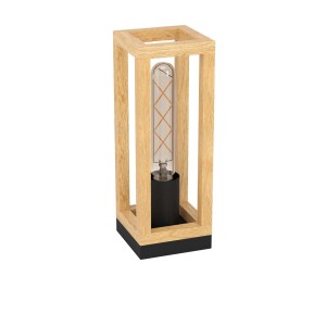Moderna lampada da tavolo t.b.t. con cornice in legno e lampadina allungata per luce d'atmosfera.