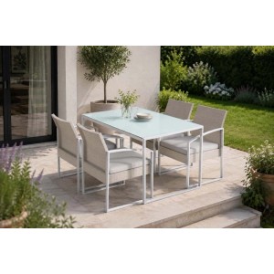 Set pranzo in polyrattan Garden Friend Bilbao 4 posti 80x120x72 cm bianco