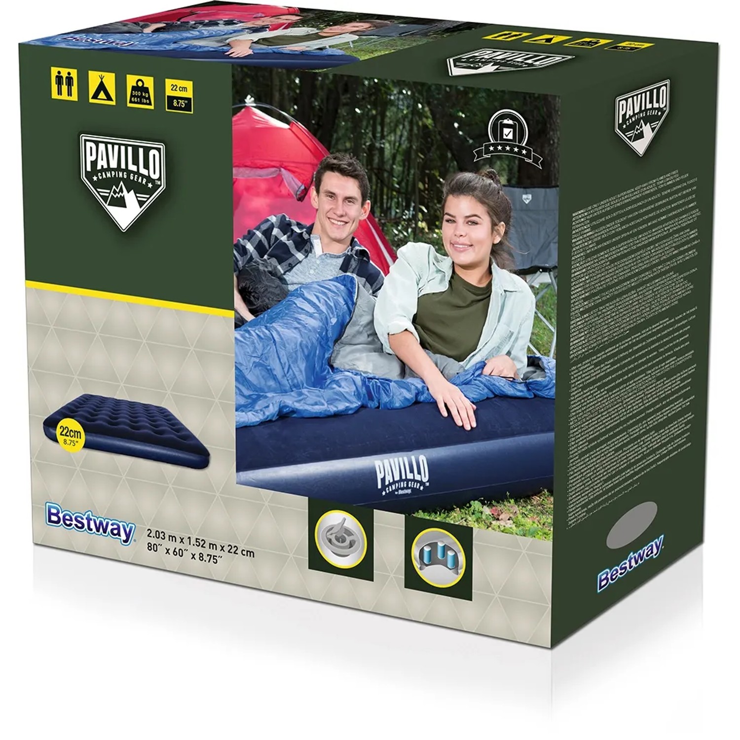 Confezione del letto gonfiabile Bestway (203x152x22cm) per campeggio e viaggi.