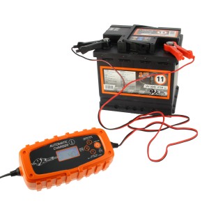 Batteria auto in carica con caricabatterie automatico.