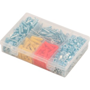 Cassetta assortita con viti, dadi e tasselli per il fai da te.