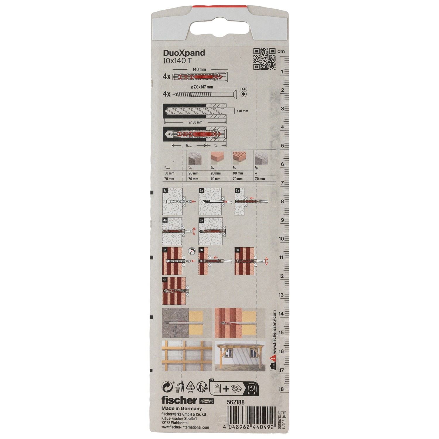 Fischer DuoXpand tasselli 10x140 mm, confezione da 4 con vite a testa svasata, adatti per calcestruzzo e muratura.