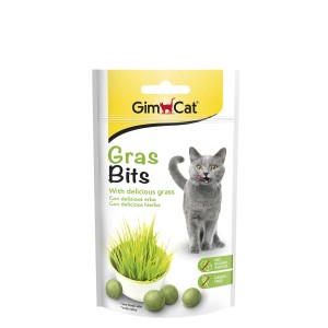 GimCat Gras Bits snack per gatti con erba deliziosa, senza cereali e senza zuccheri aggiunti.