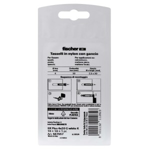 Tasselli Fischer SX Plus 4x20 in nylon con gancio, istruzioni di montaggio sulla confezione.