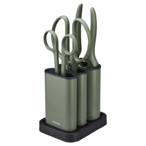 Set di forbici Fiskars verde oliva con supporto nero per attrezzi da taglio.