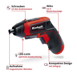Avvitatore a batteria Einhell TE-SD 3,6/1 Li con batteria, rosso/nero, con luce LED e portabit magnetico.