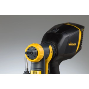 Pistola a spruzzo Wagner, dettaglio dell'ugello. Spruzzatore in nero e giallo.