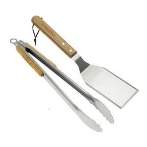 Set Campingaz per barbecue: pinza e spatola in acciaio inox con manico in bambù.