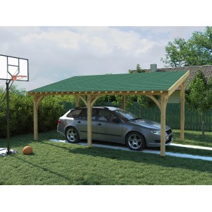 Posto auto coperto con copertura bituminosa verde e auto. Categoria: Coperture bituminose.