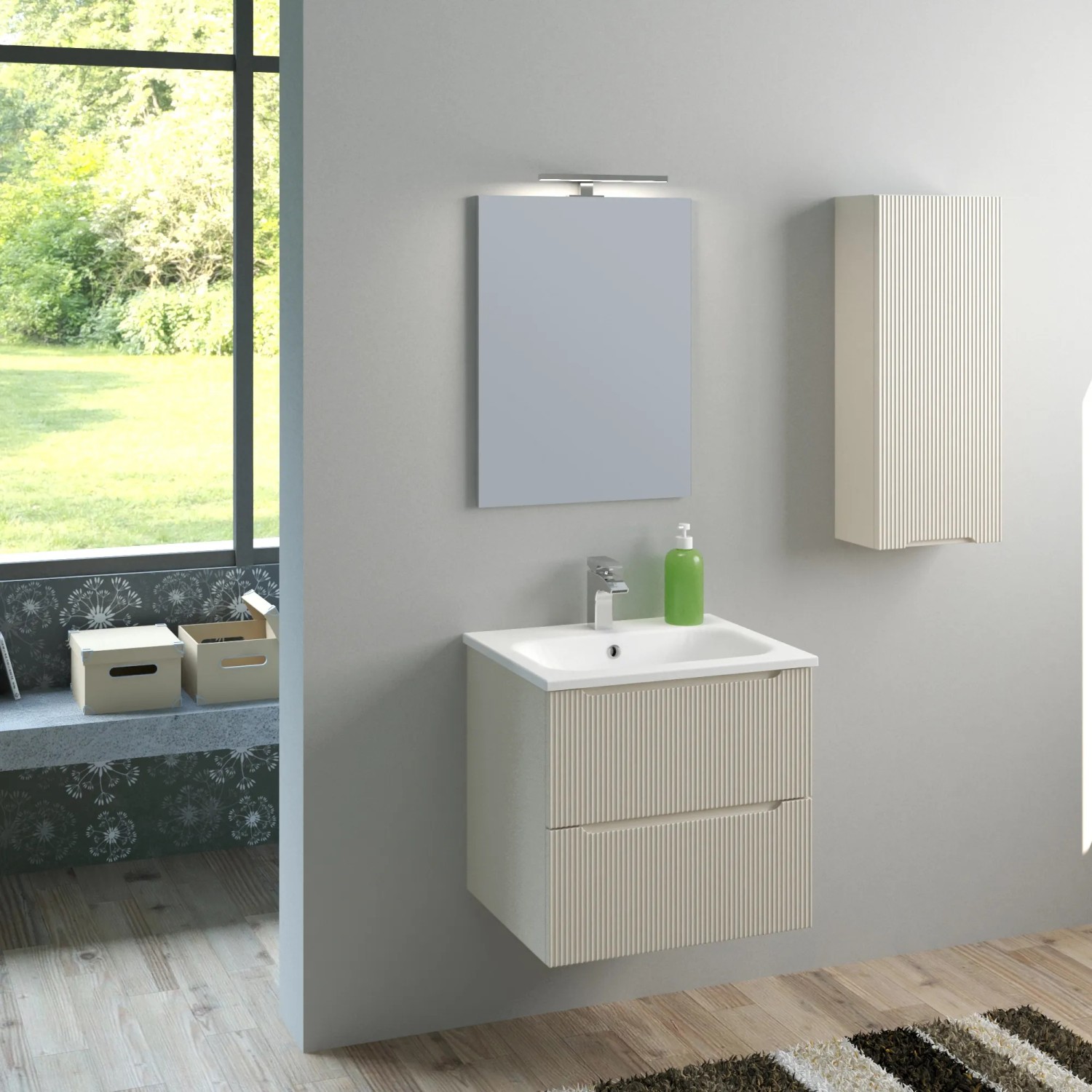 Set mobili bagno beige: mobile lavabo con mobiletto, specchiera e pensile. Design moderno.