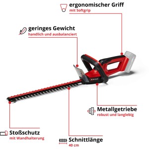 Tagliasiepi a batteria Einhell GC-CH 18/40 Li Solo: Rosso-nero con lunghezza di taglio 40cm.