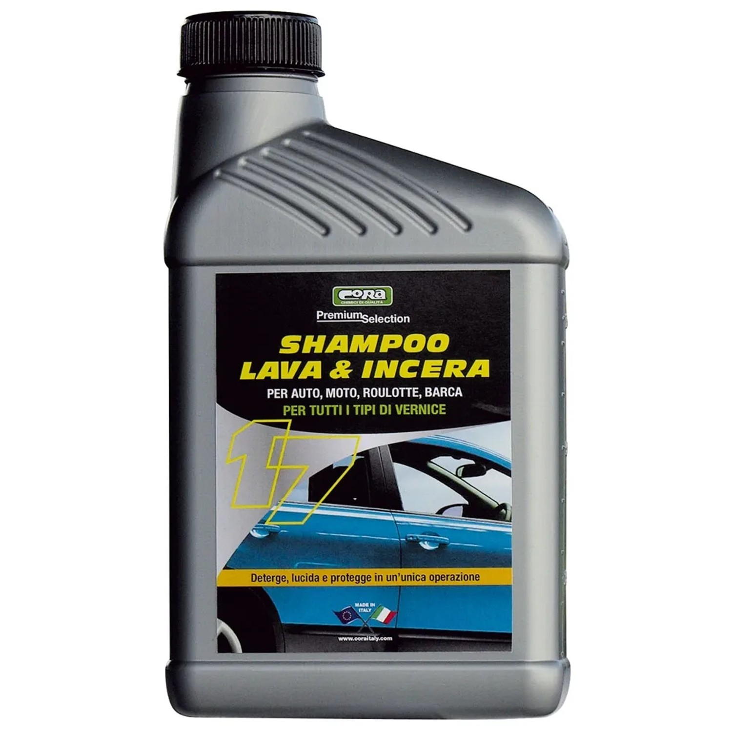 Flacone di shampoo auto con cera t.b.t. per la cura dell'auto.