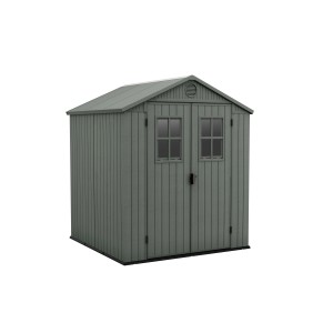 Casetta da giardino in plastica grigia con doppia porta e finestra