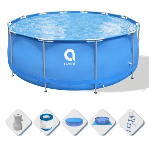 Piscina t.b.t. blu con accessori (filtro, scala, copertura) per il giardino.
