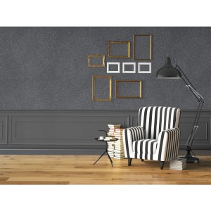 Soggiorno con pittura decorativa grigia effetto glitter e cornici. Design decorativo per pareti.