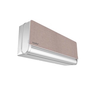 Climatizzatore t.b.t. con frontale in tessuto beige e corpo argentato.