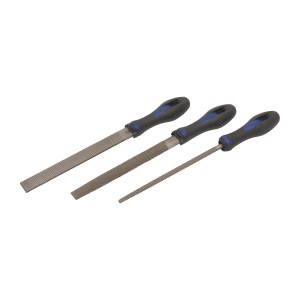 Set lime LUX Comfort, 3 pezzi: lima piatta, mezzotonda e tonda con manici ergonomici.