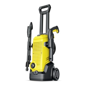 Idropulitrice gialla con accessori per la pulizia esterna.