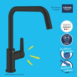 Miscelatore monocomando per lavello Grohe QuickFix Start, nero, bocca alta. Per la cucina.