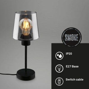 Lampada da tavolo Brilo Fumi con vetro fumé, attacco E27, interruttore a cavo, 14x35,5 cm.