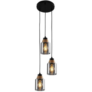 Lampada a sospensione Briloner Royk con 3 paralumi in vetro fumé e applicazioni in legno.