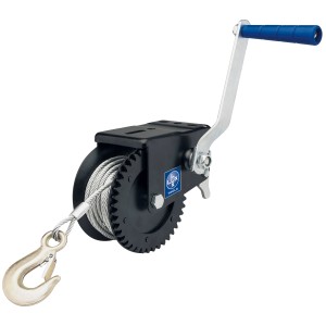 LUX Handseilwinde SW-720: Verricello con cavo in acciaio e maniglia blu per carichi fino a 720 kg.