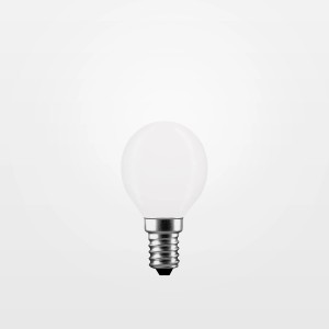 Piccola lampadina LED E14 rotonda e opaca con base argentata.