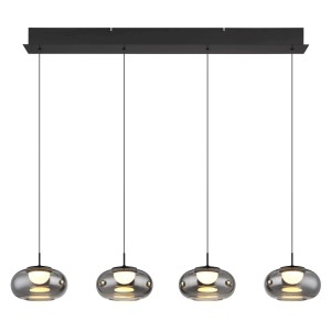 Lampada a sospensione moderna con quattro paralumi in vetro grigio per un'illuminazione elegante.