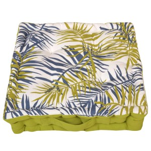 Cuscino quadrato con motivo a foglie tropicali in verde e blu.