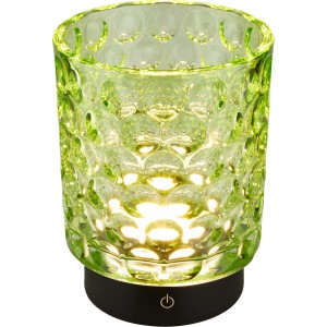 Lampada da tavolo LED verde con motivo e base nera.