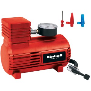 Compressore rosso Einhell CC-AC 12V con manometro e adattatori per accessori auto.