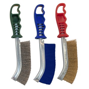 Set di tre spazzole metalliche t.b.t. con manici colorati per trapano.