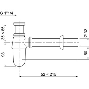 Disegno tecnico di un sifone per lavabo con dimensioni.