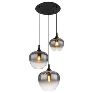 Lampada a sospensione nera Globo Maxy con 3 paralumi in vetro fumé.