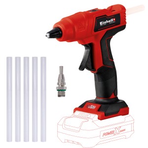 Pistola per colla a caldo a batteria Einhell Power X-Change TE-CG 18 Li Solo con stick di colla e ugello, senza batteria.