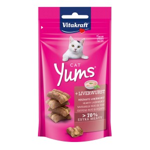 Vitakraft Cat Yums Salsiccia di fegato, snack succulenti per gatti con carne extra in confezione richiudibile da 40g.