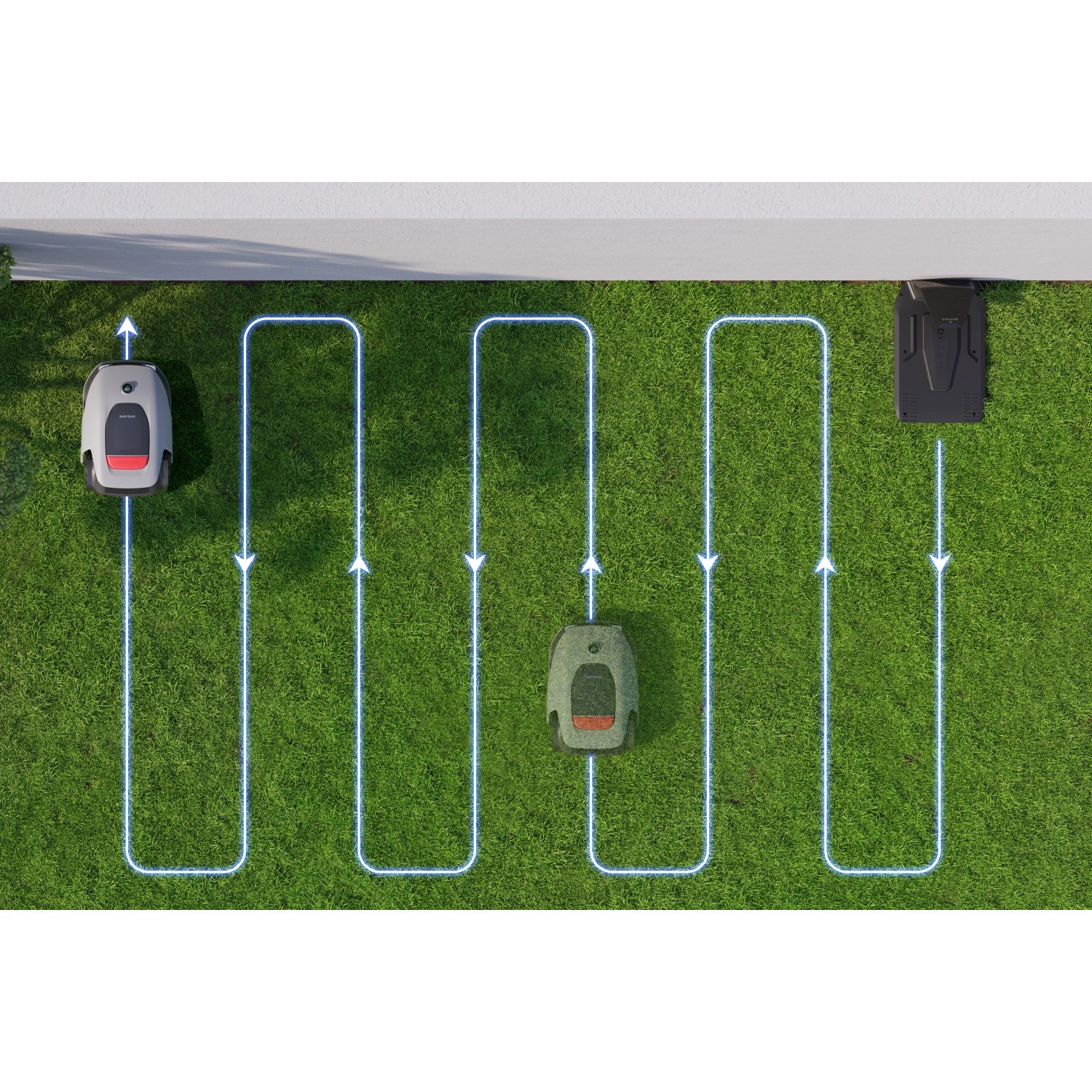 Robot rasaerba Dreame A1 Pro su erba con percorso a U.
