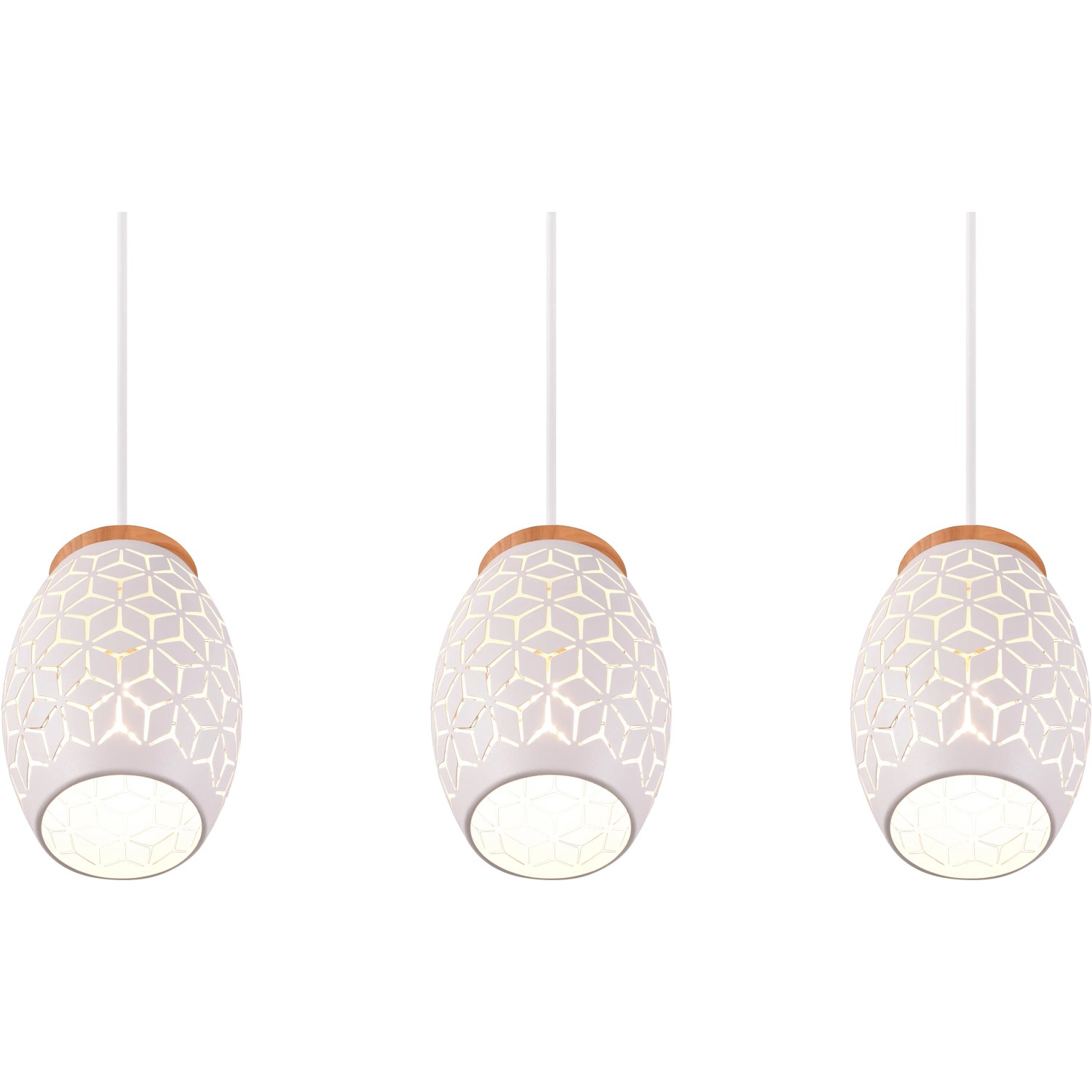 Lampada a sospensione Reality Bidar, 3 luci, bianco opaco con dettagli in legno. Lampada moderna per soggiorno.