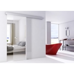 Porta scorrevole in vetro t.b.t. in ambiente bagno moderno.